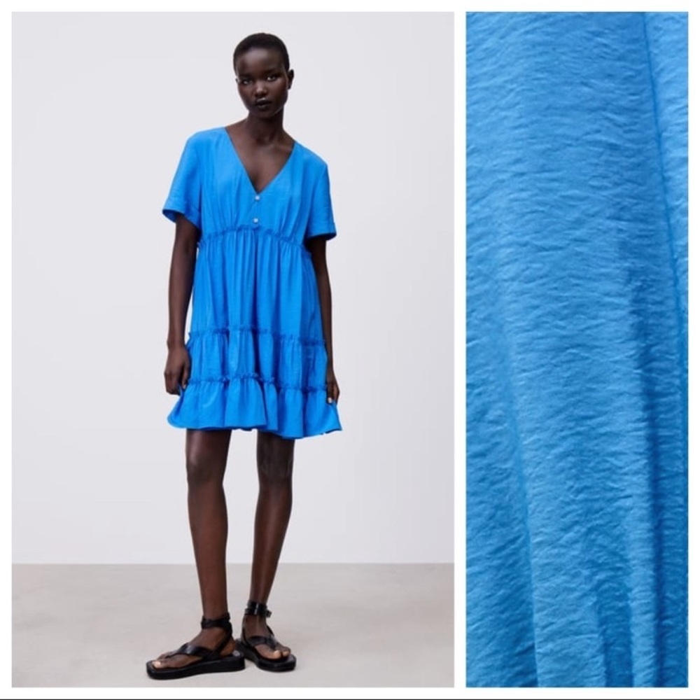 ZARA Blue Tiered Mini Dress with a V-neckline. Size Small